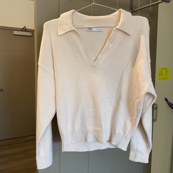 Zara Collared Ecru Knit Sweater - Picture 1 of 6